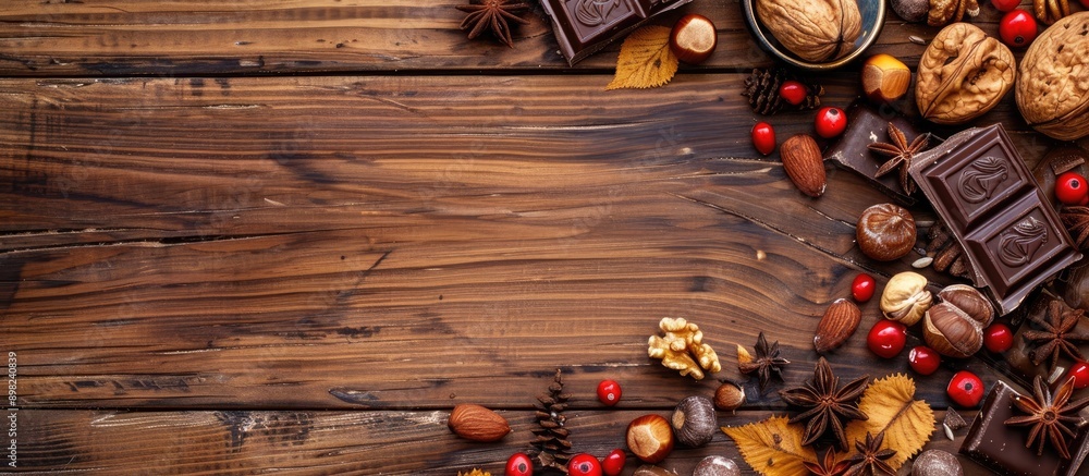 Poster Colorful wooden background with chocolate pieces and nuts creates an appealing copy space image