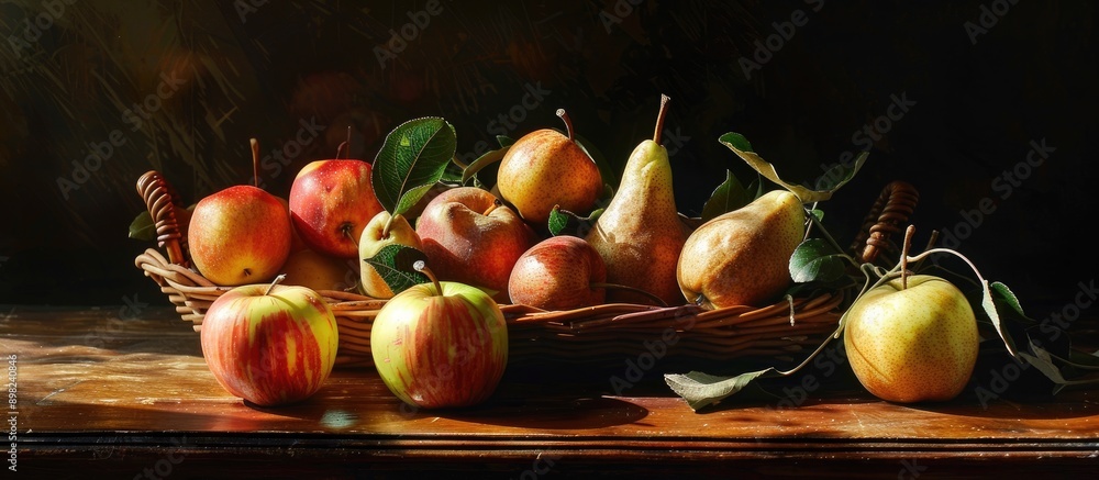 Poster contemporary arrangement of apples and pears illuminated by sunlight ideal for a copy space image