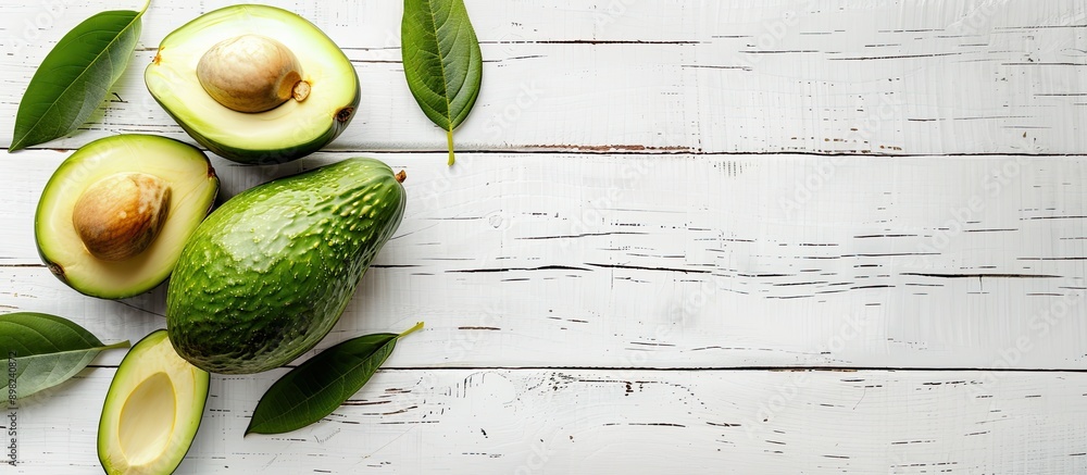 Poster avocado placed on a white wooden table with a blank space for an image. creative banner. copyspace i