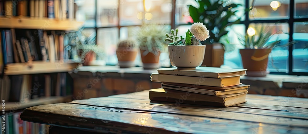 Poster coffee shop work desk with a wooden table adorned with a stack of books and a flower bathed in eveni