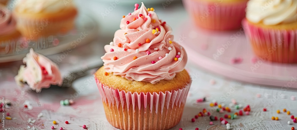 Poster a cupcake is prepared for decorating with buttercream frosting in a medium shot with selective focus