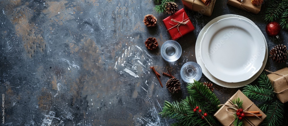 Poster top view of christmas table with a white plate glass presents and pine branch on a stone surface per