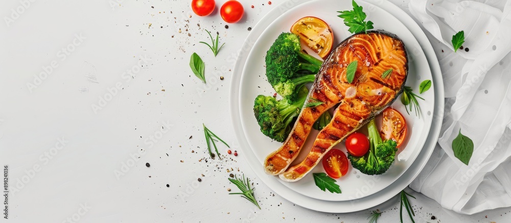 Sticker Diet food concept with a grilled salmon steak broccoli and tomatoes on a white plate against a gray copy space image