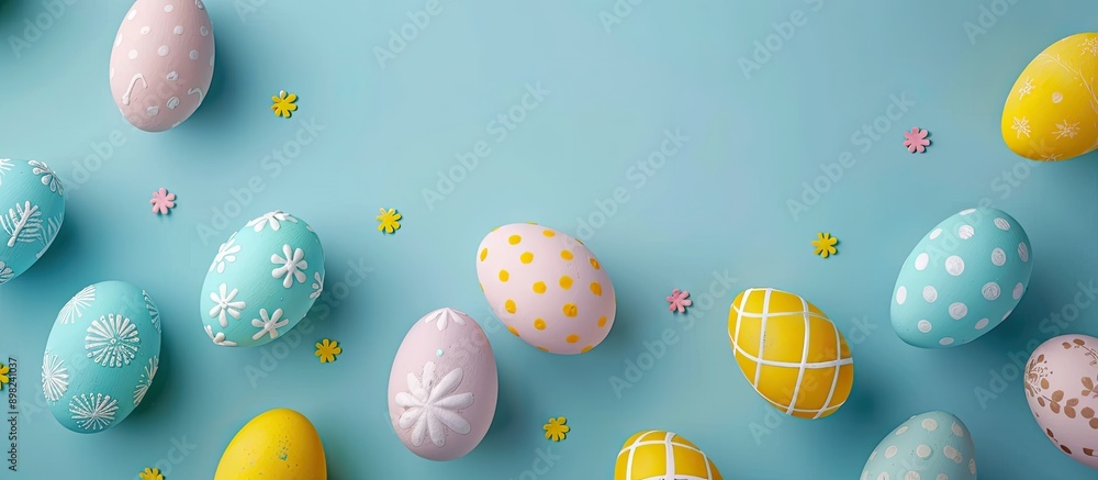 Aufkleber A vibrant display of Easter eggs on a light blue spring background shot from above with room for text or graphics a copy space image