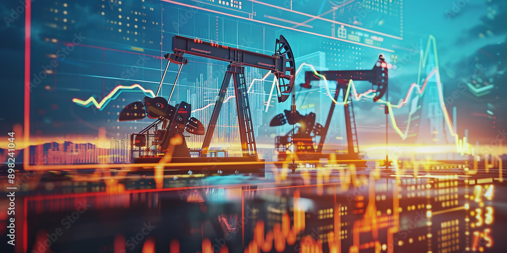 Poster gasoline price increase concept with double exposure of digital screen with financial chart graphs a