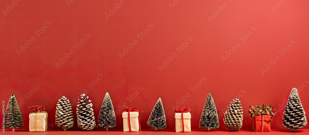 Poster christmas decorations featuring a line of tree cones and gift boxes on a red background with ample c