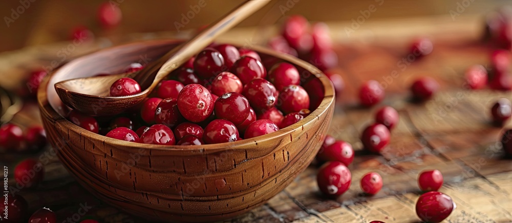 Poster close up copy space image of fresh cranberries in a wooden bowl with spoons against a cranberry fill