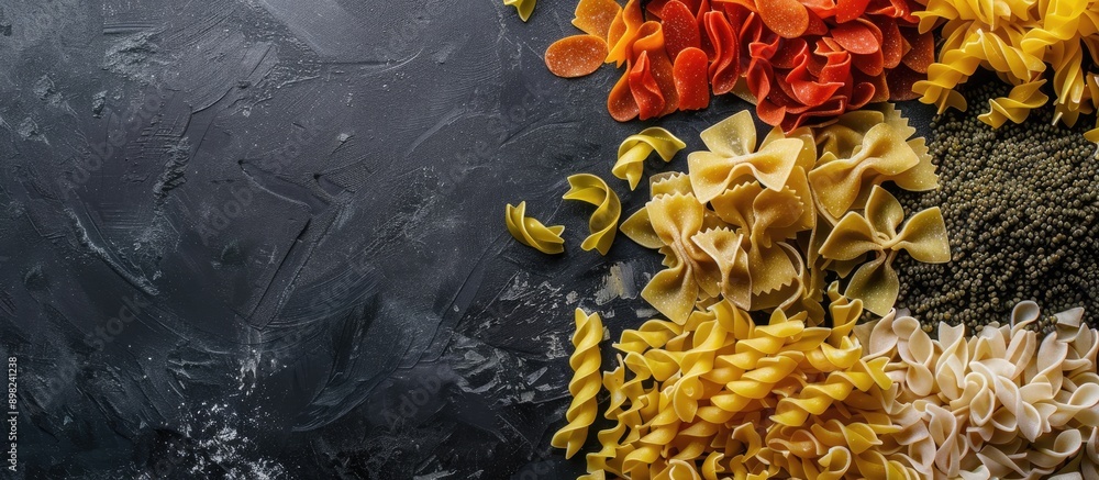 Poster Top view of assorted dried pastas with copy space image available