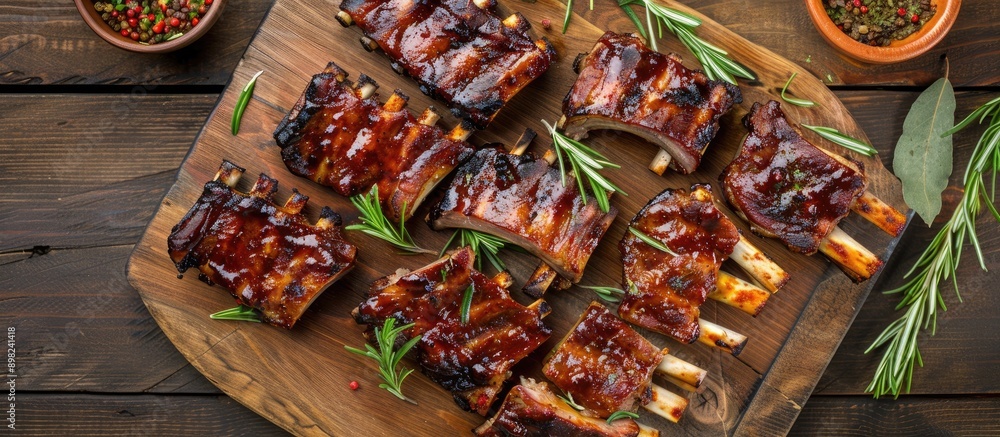 Poster top down view of hot and spiced grilled lamb ribs on a wooden table with a cutting board and room fo