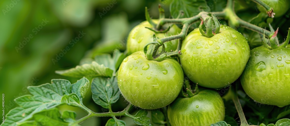 Poster a close up of a bunch of green tomatoes on a bush in the garden isolated with copy space image