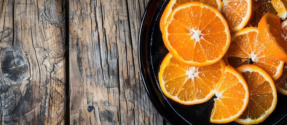 Poster Close up side view of Mandarin slices arranged on a black plate placed on a rustic wooden table with copy space image for text