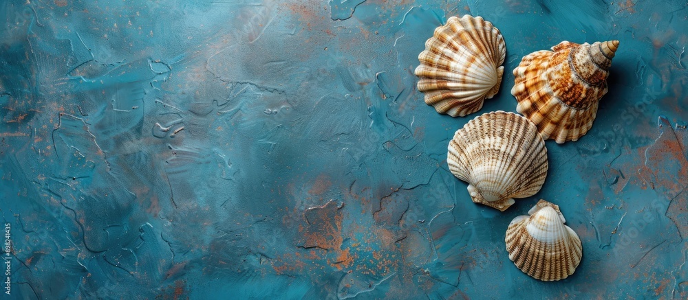 Wall mural abstract top view composition featuring seashells against a textured blue background with copy space