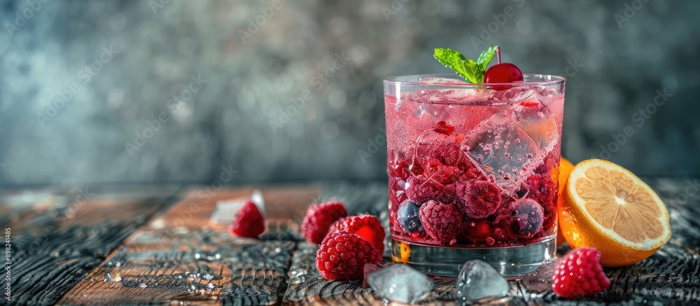 Aufkleber a cocktail with ice berries and lemon placed on a wooden surface with a focused composition offering
