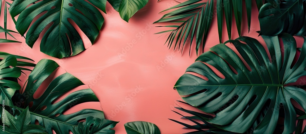 Leinwandbilder colorful background with tropical leaves in a flat lay composition with space for text in the image.