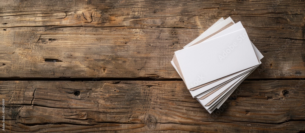 Poster Business cards arranged neatly on a rustic wooden table with ample copy space image