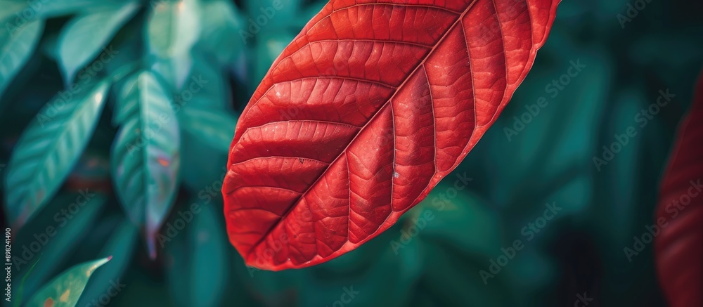 Leinwandbilder detailed close up shot of a red leaf s texture against a blurred garden backdrop with ample copy spa