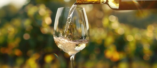 Close up outdoors shot of pouring white wine into a glass from a bottle with a copy space image included
