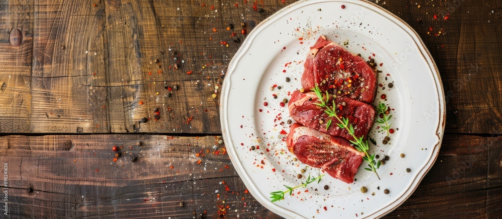 Poster beef steak seasoned with spices on a vintage white plate displayed on a wooden table with copy space