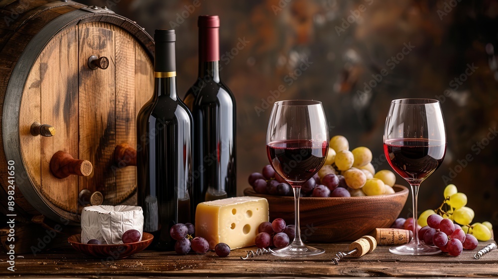 Poster two glasses of red wine, two wine bottles, a round of cheese, and grapes arranged on a wooden table 