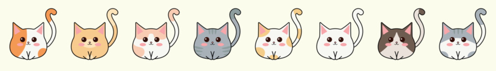 Set of small cute cats with different colors. Cute kawaii cats set. Cats for cat day. Kawaii cats emojis set. 