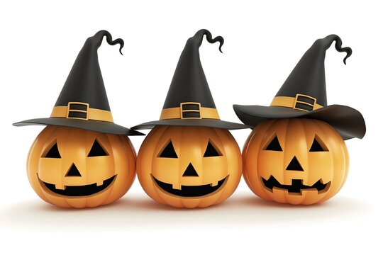 3d render of three Halloween pumpkins with witch hats isolated on white background holiday festival celebration