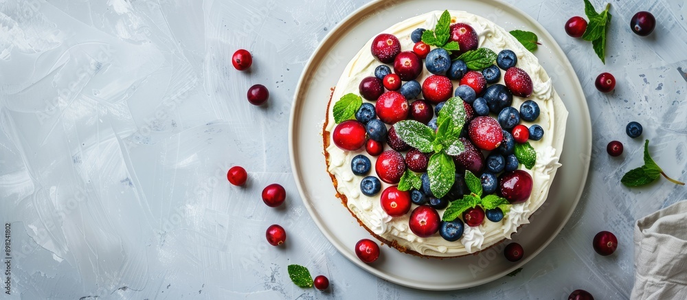 Poster flat lay image of a christmas cake adorned with blueberries cranberries and mint featuring ample cop