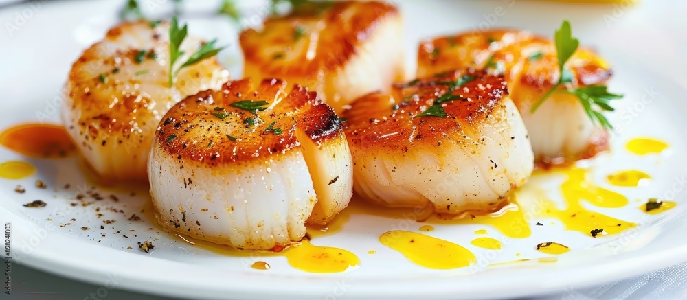 Poster appetizing fried scallops presented on a white plate with room for a caption in the image. creative 