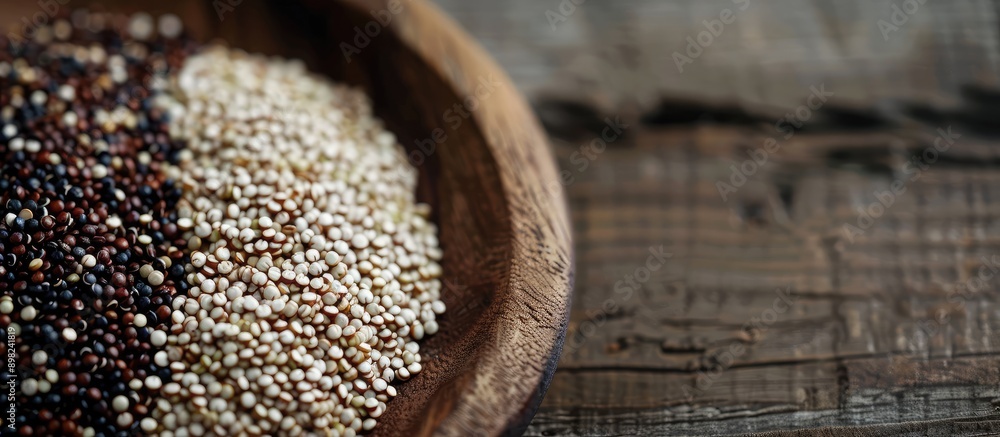 Aufkleber Close up view of a wooden table with a plate featuring assorted quinoa seeds providing ample copy space for additional text in the image
