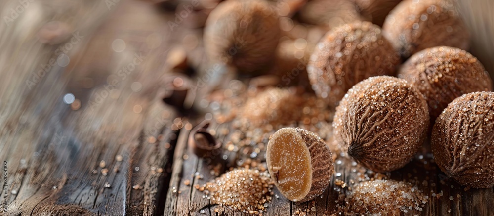 Poster a close up photo of candied nutmeg known as manisan pala made with nutmeg and sugar placed on a wood