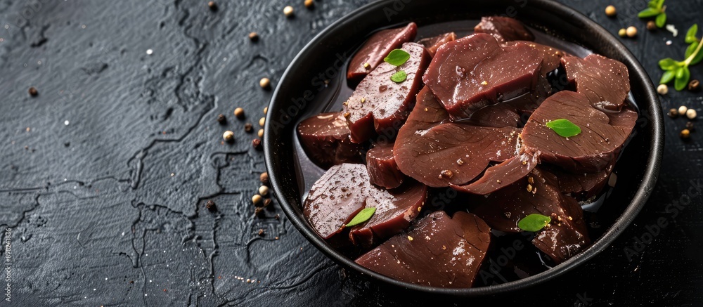 Poster beef liver slices in a bowl on black surface with copy space image
