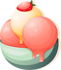Vector cute cartoon ice cream with colorful cream balls and strawberry in a cup on a transparent background. Cute sweet food ice cream poster art design