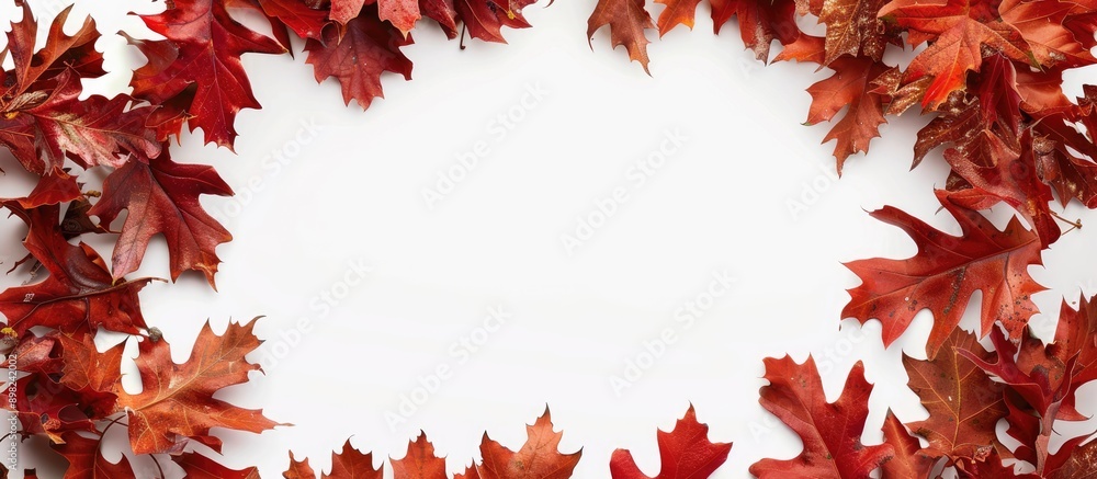 Poster an autumn themed oval frame composed of bright red oak leaves placed flat on a white background serv