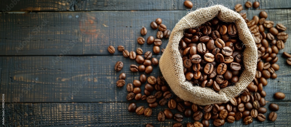 Fototapete coffee beans roasted and placed in a burlap sack on a wooden rustic backdrop with ample copy space i