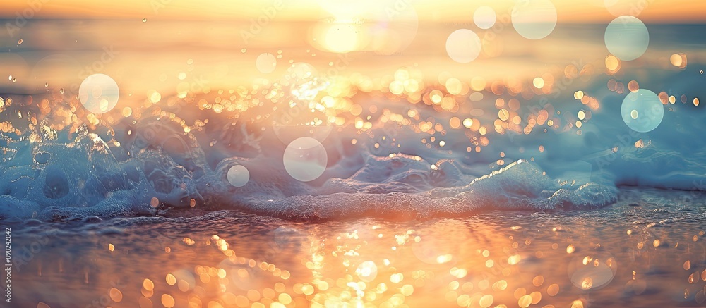 Poster abstract background of a blurred tropical beach illuminated by bokeh sunlight waves ideal for promot