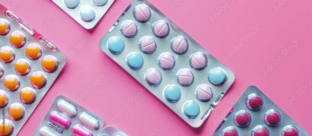 Poster Close up top view of various medications such as tablets and pills in a blister pack displayed on a pink background with copy space for an image