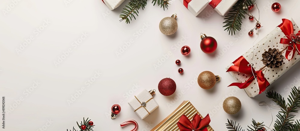 Poster View from above of decorative Christmas gift boxes and balls on a white surface with copy space image