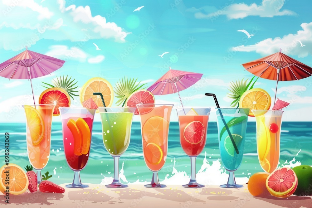 Aufkleber a row of vibrant cocktails garnished with fruit and topped with tiny umbrellas sits on a sandy beach