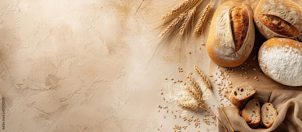 Poster Bread made of wheat flour displayed on a table with an available area for adding text in an image. Creative banner. Copyspace image