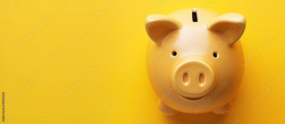 Poster top view of a ceramic piggy bank against a yellow backdrop with space for text in the image. creativ