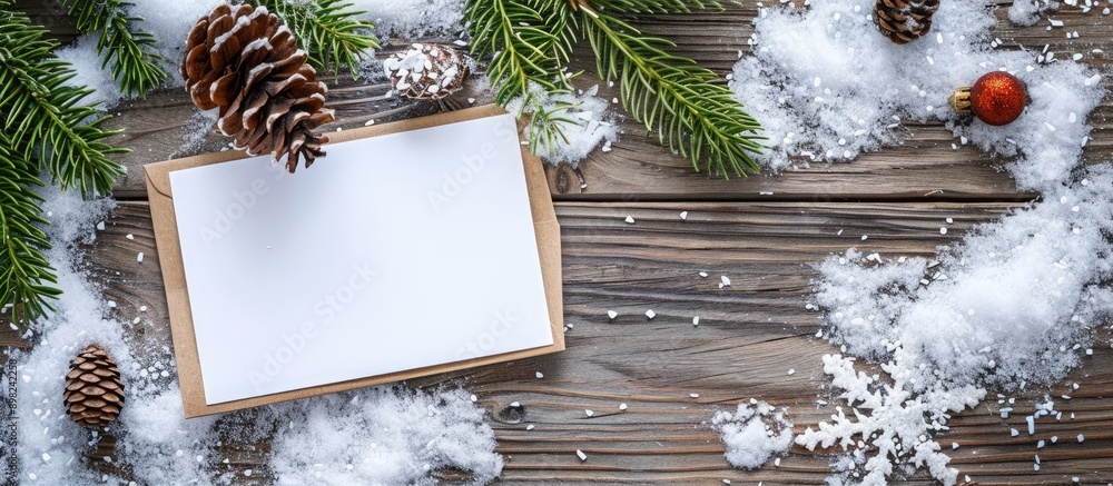 Poster view a christmas themed copy space image with a card pine cone and branch on a snowy wooden backgrou