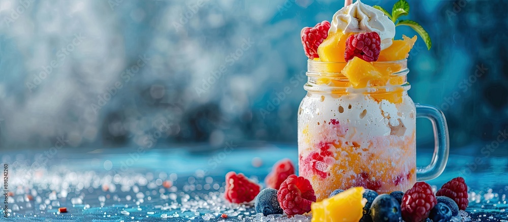 Poster a delightful hawaiian shaved ice dessert in a mason jar with a clear view and ample copy space image