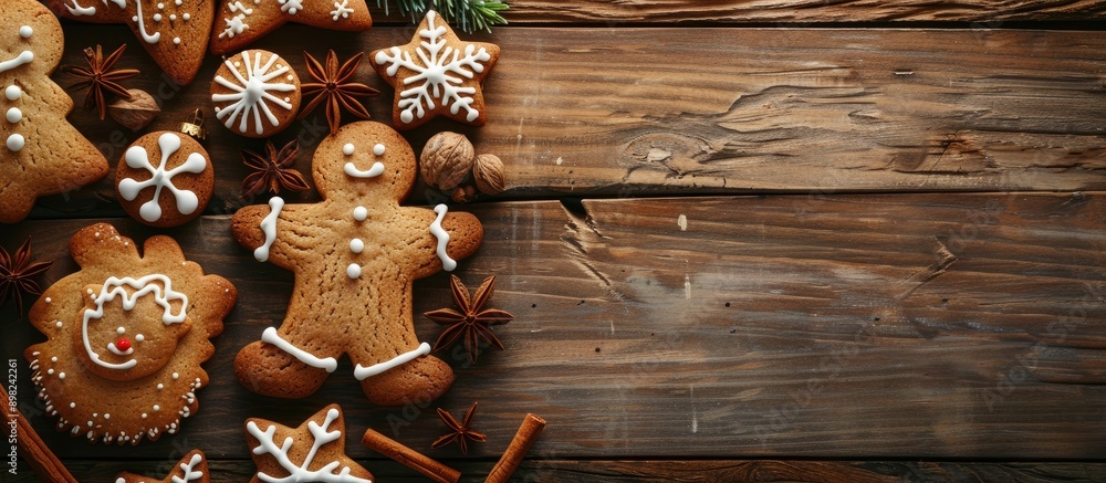 Aufkleber Christmas themed cookies are elegantly arranged with spices on a wooden table creating a cozy and festive scene with copy space image