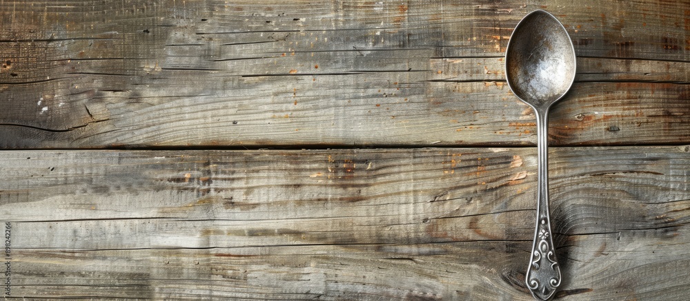 Poster Cooking concept illustrated with a spoon resting on a wooden surface showing a rustic texture with ample copy space image