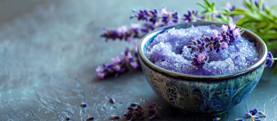 Close up view of a bowl containing a sugar scrub with lavender flowers on a table providing copy space image
