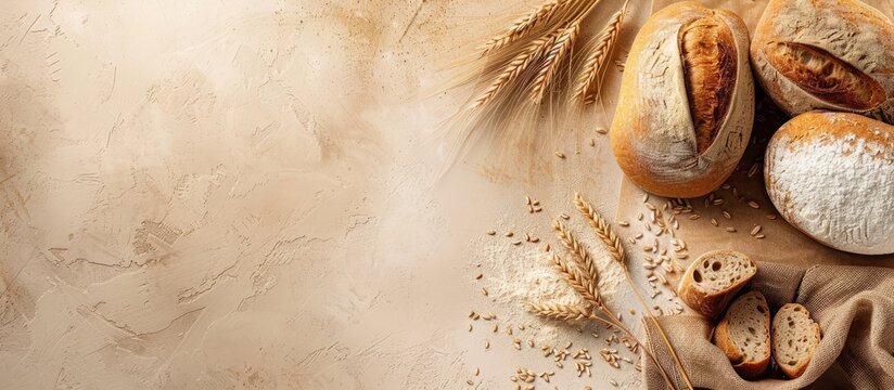Bread made of wheat flour displayed on a table with an available area for adding text in an image. Creative banner. Copyspace image