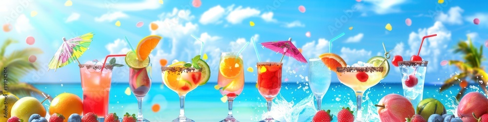 Poster a row of colorful cocktails garnished with fruit and cocktail umbrellas sits on a beach with an ocea