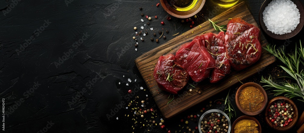 Poster Beef tenderloin with various seasonings and oils displayed on a wooden board against a black background in a top view photograph with copy space image