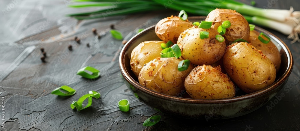 Poster delicious baked potato in a bowl with green onion on a bright background suitable as a copy space im