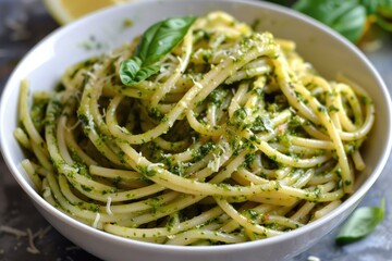 A bowl of spaghetti tossed in pesto sauce. This image is perfect for illustrating Italian cuisine, food blogs, or recipe websites.