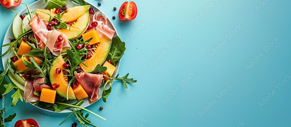 Poster Top down view of a colorful salad featuring cantaloupe prosciutto cheese and arugula on a blue backdrop with space for text or images. Creative banner. Copyspace image